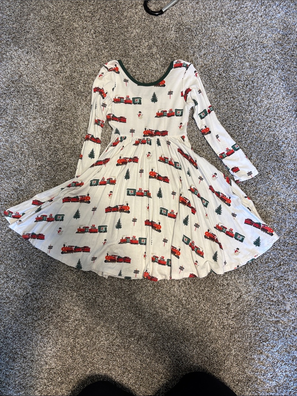 Kyte BABY White Holiday Train Print Twirl Dress with Red & Green Accents